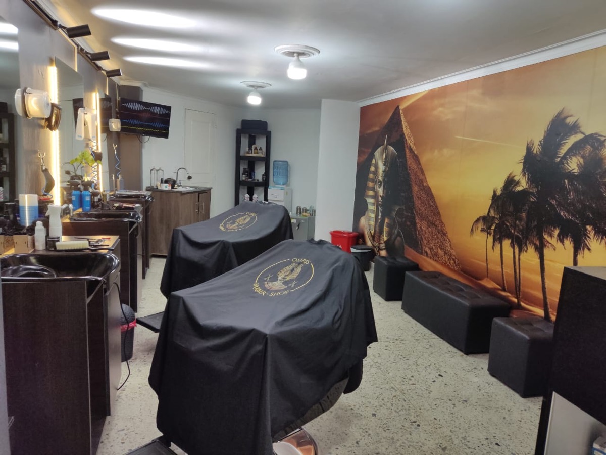 Interior de la barbería con mural de pirámides y esfinge